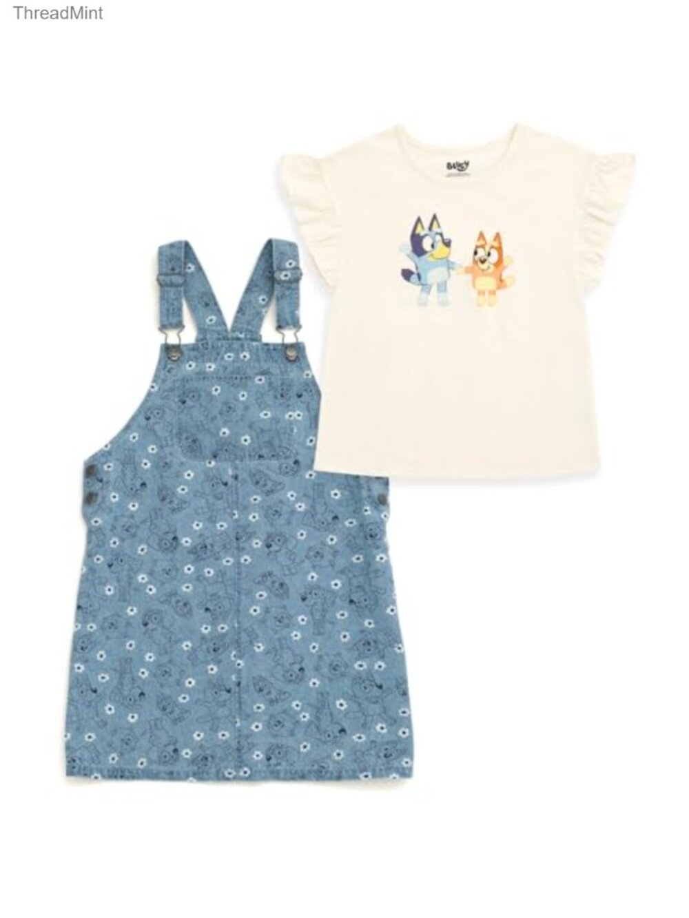 Bluey Floral Denim Overall Dress Outfit with Graphic Tee, Toddler Girls